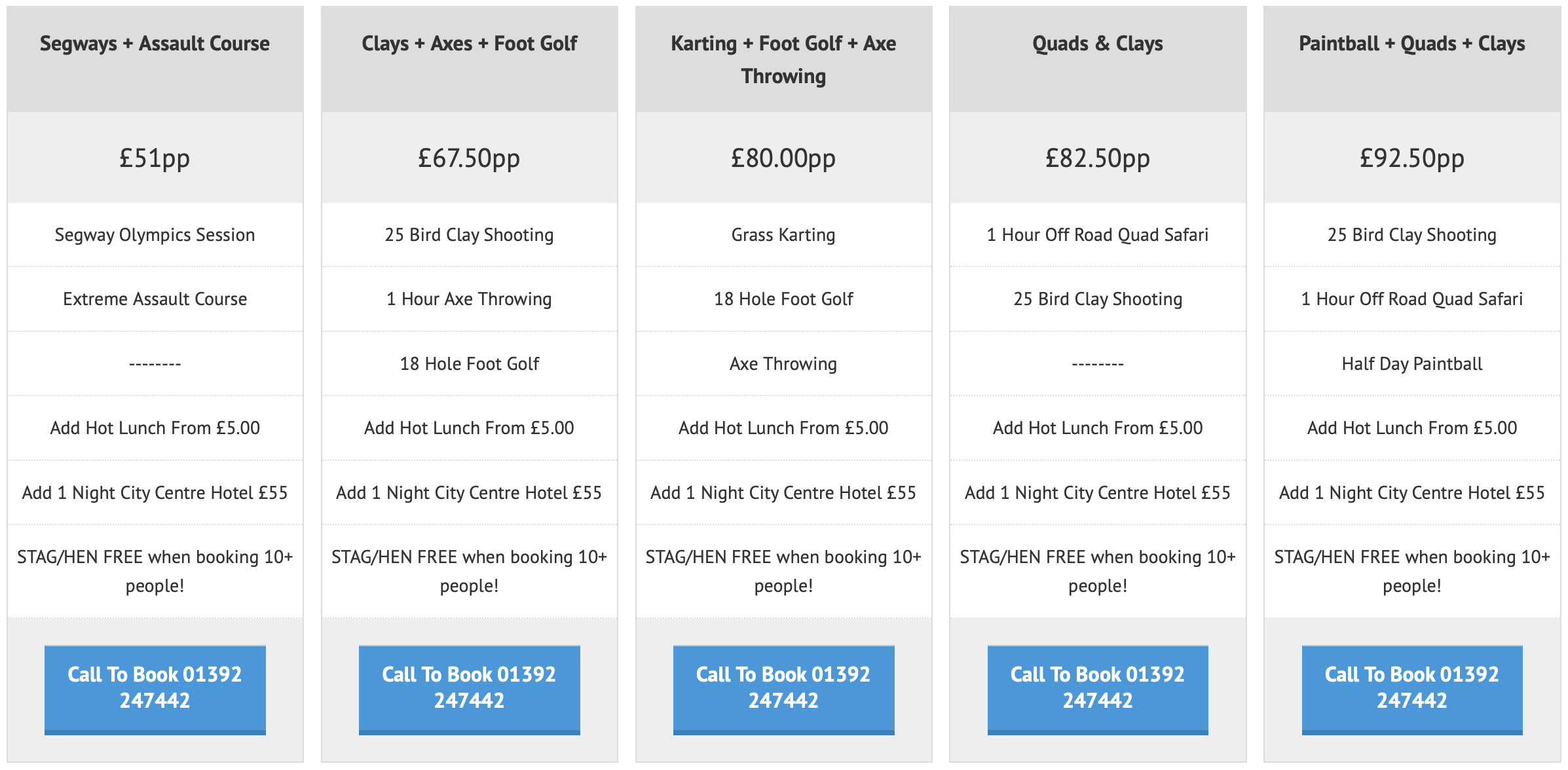 Stag hen party pricing Devon exeter